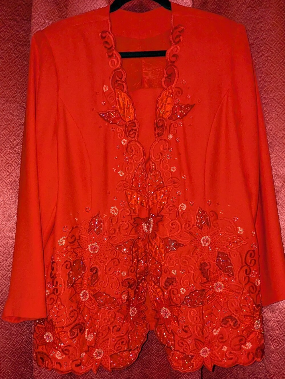 Women's Embroidered Red Beaded 2Pc Skirt Suit